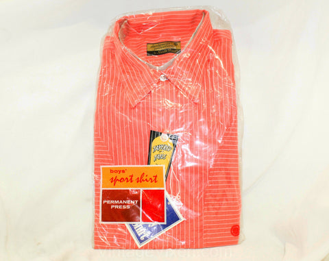 Size 16 1960s Boy's Sport Shirt - Teen Childs 60s 70s Short Sleeved Coral Orange Pinstriped White Stripe Top - Disco Era NIP NWT Deadstock