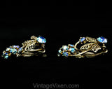 1950s Marilyn Style Earrings - Flashy Blue Rhinestones & Goldtone Metal - 50s Gold Petite Flower and Leaf Clip Ons - 50's Glamour Girl