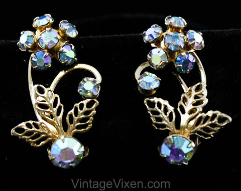 1950s Marilyn Style Earrings - Flashy Blue Rhinestones & Goldtone Metal - 50s Gold Petite Flower and Leaf Clip Ons - 50's Glamour Girl