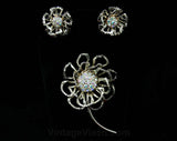 Airy Petals Pin & Earrings - Glam Rhinestones - 1950s 1960s Gift Idea - Gold Demi Parure - Long Stemmed Flower - 50s - 60s Deadstock - 42437