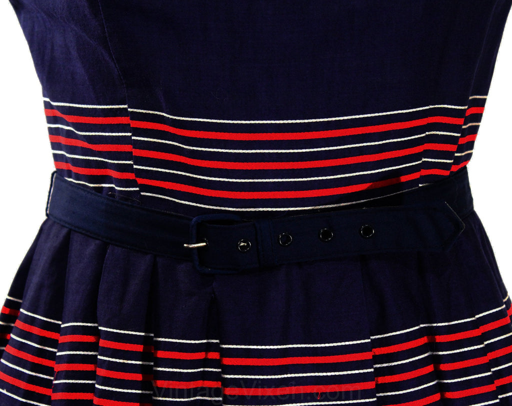 Size 6 1950s Sailor Dress - Navy Blue & Red Striped Cotton - Nautical Vintage Vixen Clothing Size 6 1950s Sailor Dress - Navy Blue & Red Striped Cotton - Nautical Vintage Vixen Clothing