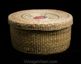 1930s 40s Korean Basket with Lid - Asian Tan Woven Reeds - Yin Yang Style Natural Vegetable Dyes - Eastern Round Container 9 1/2" Diameter