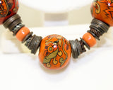 1970s Burnt Orange Necklace - Hippie 70s Art Glass Beads & Metal - Bohemian Fired Glazed Clay on Leather Cord - Artisan Made Boho Chic