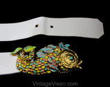 Beachy White Belt with Pastel Fish Buckle - Size 6 to 10 Summer Resort - Small Medium 1980s Designer Mimi di N Dated 1987 - Pink Aqua Gold