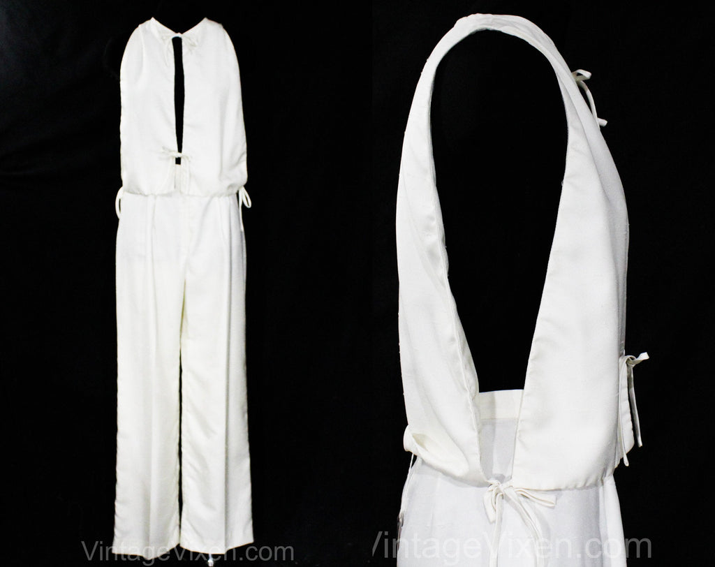 Size 8 Sexy 70s Pant Outfit - Avant Garde Designer Minimalist Pantsuit - 1970s Ivory Plunge Neck Vest & Tailored Trousers - NWT - Waist 26.5