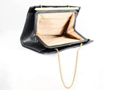 1950s Black Leather Purse - Elegant Cross-Hatched Fine Leather Bag - Rhinestone Bamboo Frame & Chain Strap - Chic 50s Handbag by Waldman