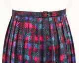 Size 12 Pleated Skirt - 1960s Magenta Pink Indigo Blue Turquoise Teal Black - Scribbled Plaid 60s Print - Original Belt - Waist 29.5 - 49581