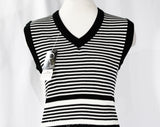 Size 6 Sweater Vest - 1970s Sleeveless V Neck Pullover - Black & White Striped Knit Top - Cute Fall Autumn 70s NWT Deadstock - Bust 34