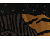 Size 12 Safari Shirt - 1990s Designer Erez Animal Print Large Silk Top - Leather Trims - Tiger Tan Brown Black White - Cache Label - Bust 40