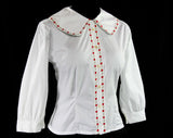 Size 14 1950s White Cotton Shirt with Scarlet Flowers - Large 50s Tailored Blouse - Red Brocade Ribbon - 3/4 Sleeves - Quaint Summer Top