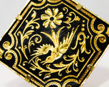 Black & Gold Asian Bird Brooch - Beautiful Square Etched Metal Pin - Antique Victorian Look Made in the 1950s 60s - Antique Heirloom Style