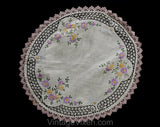 1930s 40s Embroidered Round Centerpieces - Lot of 2 Hand Sewn Lavender Purple Embroidery Linens - Doily Style Circles with Antique Hues