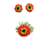 Vendome Brooch & Earrings - Orange 1960s Beaded Flowers - Tangy Summer Colors - Designer 60s Demi Parure - Hand Wired Beads - 50593