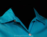 Size 12 1950s Turquoise Shirt - 50s Rockabilly Casual Blouse - Bright Blue Fine Cotton - 3/4 Sleeve Tailored Top with Tab Waist - Bust 40