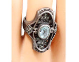 Size 5 Sterling Ring - Large Victorian Edwardian Revival Style - 1960s 70s Ornate Ring with Aqua Blue Stone & Marcasite 1900s Filigree Look