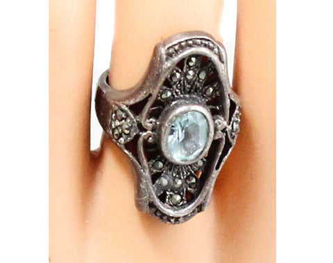 Size 5 Sterling Ring - Large Victorian Edwardian Revival Style - 1960s 70s Ornate Ring with Aqua Blue Stone & Marcasite 1900s Filigree Look