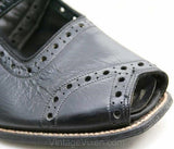 Size 6 Shoes - Chic 1930s Black Leather Spectator Peep-Toe Pumps - 6AA Narrow Width - Authentic 30s Deadstock - Asymmetric Top-Stitching