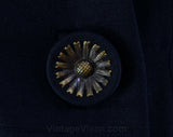 Size 8 50s Suit - 1950s Navy Silk with Wonderful Metal Daisy Flower Buttons - Dark Blue Tailored Office Jacket & Matching Skirt - Waist 26.5