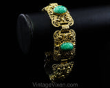 1950s Baroque Style Bracelet - Ornate Victorian Inspired Gold Hue Filigree - Marbled Green Oval Cabochons - 50s 60s Antique Look Panels