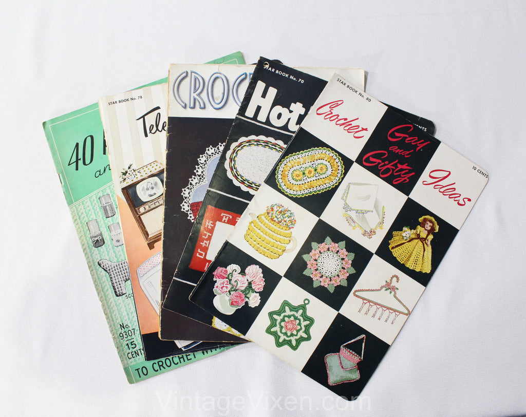 Lot of 5 1940s 50s Crochet Novelty Patterns - Pot Holders - TV & Radio Scarfs - Crochet for your Home - Hot Plate Mats - Gay and Gifty Ideas