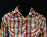 Size Medium Men's Western Shirt - 1970s Rockabilly Red & Yellow Plaid Cotton - Pearly Snaps - 70s Casual Cowboy Top by Miller - Chest 42