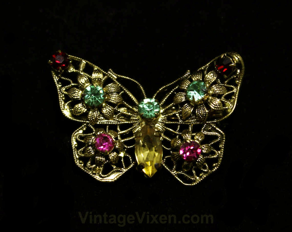 Antique Style Butterfly Pin - Victorian Style 1950s Brooch - Spring - Bejeweled Red Green Pink Rhinestones - 50s Filigree - Mint Condition
