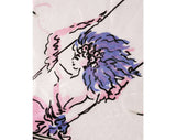 Fair Maiden Scarf - Fantasy Girl & Swing - Woodland Novelty Print Scene - Pink Dress Purple Hair - Artist Palettes - 1940s 50s - As Is Holes
