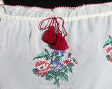Large Designer Peasant Dress - Size 12 Bohemian Summer Frock with Cross Stitch Embroidery - 80s Does 30s Scarlet Red & White - Bust up to 42