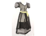 XXS 1940s Garden Party Frock with Rosebuds Corsage - Size 2 Charming 30s 40s Party Dress - Sheer Black Cotton with Nosegay Flowers - Bust 32