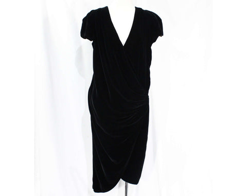 Size 10 Designer Velvet Wrap Dress - Black Flapper Inspired Cocktail - 1980s 90s Short Sleeved Silk Blend - Bruce Oldfield - Bust 37
