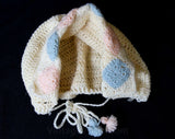 40s Baby Bonnet - Sweet 1940s Pink & Blue Hand Knit Bonnet - Size 3 to 12 Months - Infants Cream Wool Knitted Hat - Mint Condition - 29875-1
