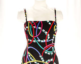 Size 6 Sun Dress - 1990s Black & Rainbow Novelty Print Cotton - 90s Colorful Summer Dress - Sexy Strappy Criss Cross Back - Bust 33.5
