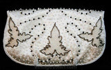 Pretty 1950s Evening Handbag - White & Black Beaded Satin Bag - Formal 50s Purse - Made in Japan - Fine Condition - Leaf Pattern - 38922