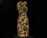 Size 10 1960s Summer Dress - Antique Sunflowers Floral Print 60s Hourglass Summer Sleeveless Dress - Beige Sage Gold Rouge - Bust 37.5