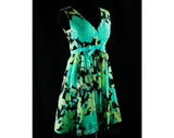 Size 8 Turquoise 1960s Cocktail Dress - Aqua Blue & Mint Green Floral - 60s Party Frock - Velvet Ribbon - Full Skirt - Bust 35 - 35007