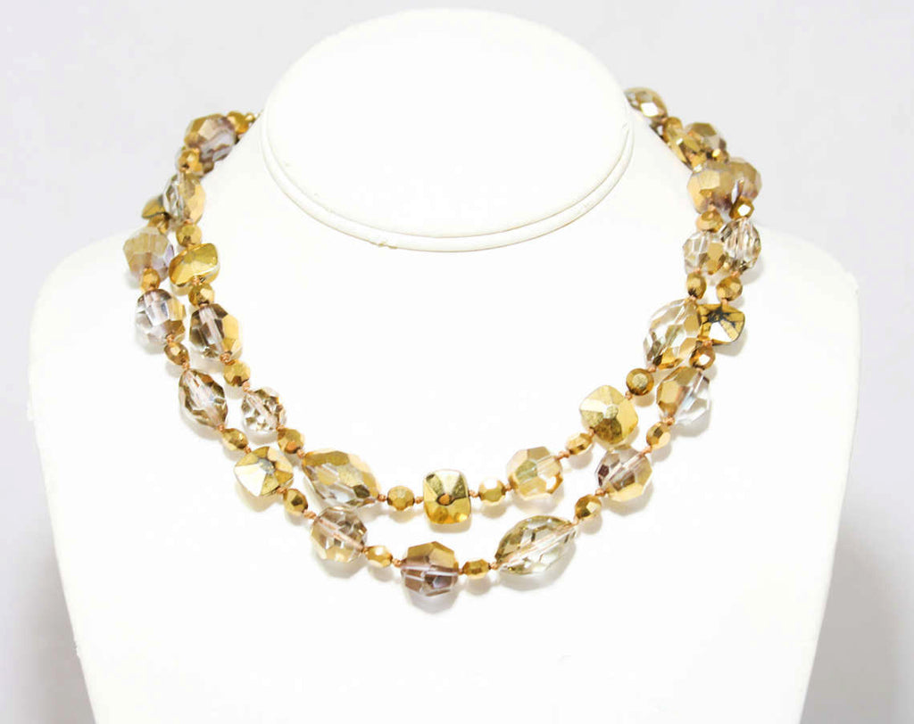 Glam Gold Necklace - Hollywood Regency Chic - Multi Strand - 50s 60s Metallic Faceted Glass Beads - Hand Strung - Vintage Vixen - 45997