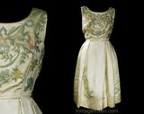 Size 0 1950s Satin Cocktail Dress with Pastel Beadwork - XXS 50s Champagne Ivory Formal - Pastel Pink Yellow Blue Green Beading - Waist 22.5