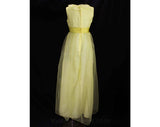 Size 2 Yellow Evening Dress - 1960s Spring Sleeveless Empire Gown - Shimmer Organza & Ruffle Neckline - Ribbon Bow - Garden Party - Bust 32
