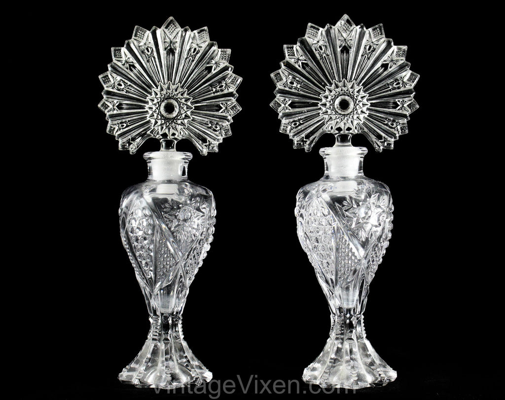 Matched Pair Art Deco Style Perfume Bottles - Clear Pressed Glass Starburst Sunburst Design - 1940s 50s Glam Boudoir Vanity - Two Containers