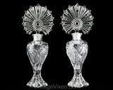 Matched Pair Art Deco Style Perfume Bottles - Clear Pressed Glass Starburst Sunburst Design - 1940s 50s Glam Boudoir Vanity - Two Containers
