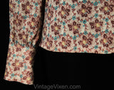 Size 6 Mauve Floral Shirt - 1970s Antique Style Peaches & Cherries Fruit Print Top - Small Long Sleeve 70's - Burgundy Blue Pink - Bust 34