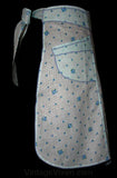 1950s Blue Roses Embossed Cotton Apron - Charming Spring Half Apron - Rick-Rack Trim - Pointed Hem - Size 12 to 14 - Waist 30 to 32 - 30499