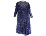 As Is Size 12 1920s 30s Novelty Print Dress - Blue & White Deco Artists Palettes - Chain Stitched Flowers - Fragile Torn - Bust 38 - 50832