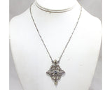 Victorian Style Necklace - Edwardian Retro Pendant - Antique Look Made in the 1980s 90s by Brand 1928 - Silver Tone Metal & Rhinestones