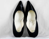 Size 7 1/2 Black High Heel Shoes - 1950s Glossy Satin Stilettos - Elegant 50s Pointed Toe 4-Inch Heel - Mid Century Cocktail Evening - 7.5 M