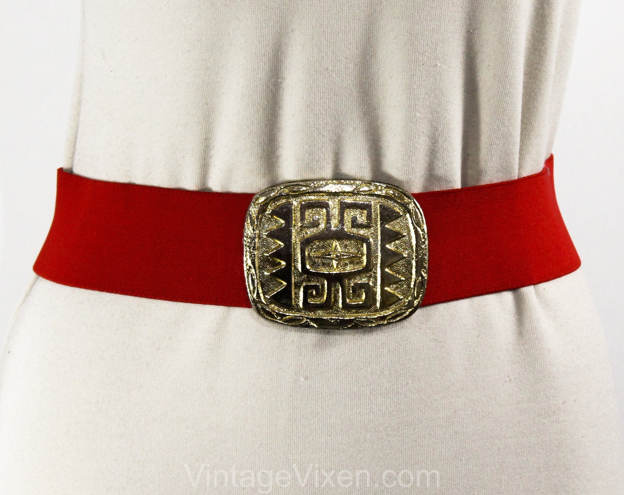 Medium Red Belt - Tribal 1990s Stretch with Primitive Buckle