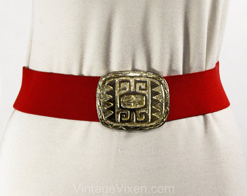 Medium Red Belt - Tribal 1990s Stretch with Primitive Buckle - Size 8 to 10 Stretchy Cotton & Gold Hue Metal - New Wave 80s 90s Street Chic