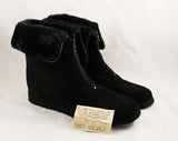Size 8 Black Suede Ankle Boots - 1960s Hipster Winter Shoes - Convertible Tops - Cuff Up or Folded Down - Fleecy Lining - 8N - NOS Deadstock