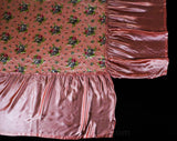 Full Size 1940s Bedspread - Sweet Pink & Green Roses Print on Glam Satin - 40s Rayon Bedroom Linens - Double Bed Cover - Chain Stitching