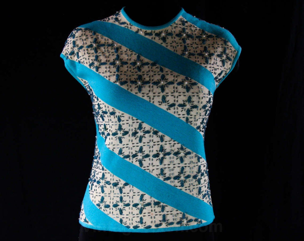 Size 8 Exquisite Cocktail Top - 60s Beaded Sleeveless Spiral Striped Shell - 1960s Turquoise Blue & Ivory Knit - Banff Deadstock - Bust 34.5